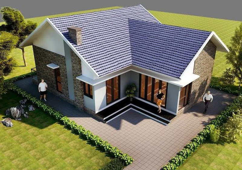 Phối cảnh góc cao mẫu nhà cấp 4 chữ L mái Thái màu xanh ghi, tường ốp đá thô tự nhiên kết hợp hệ cửa kính khung đen hiện đại và khoảng sân rộng.