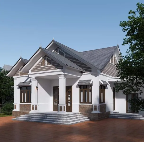 Mẫu nhà cấp 4 mái thái hiện đại sơn trắng phối mảng tường gạch thẻ màu nâu, sảnh chính vuông vắn với hệ cột trụ kiên cố và bậc tam cấp cao ráo.