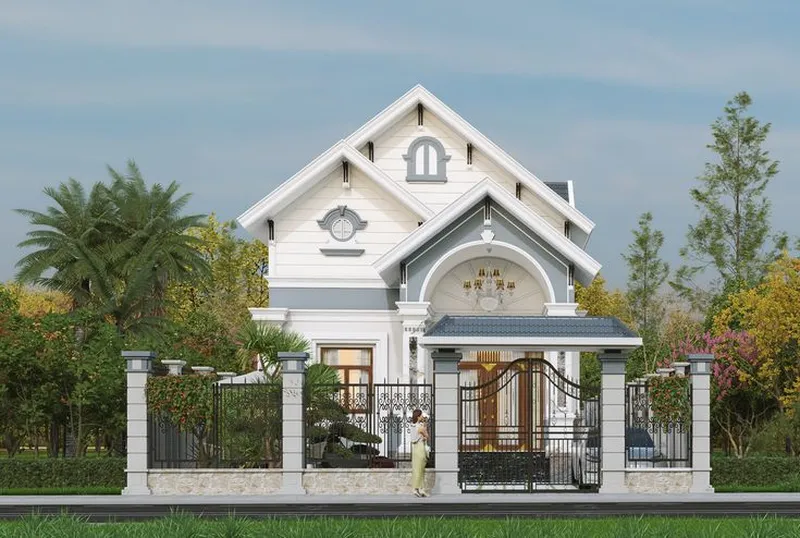 Mẫu nhà mái thái tân cổ điển 1 tầng sang trọng với mặt tiền sơn trắng, vòm cuốn trang trí đèn chùm và hệ thống cổng sắt mỹ thuật.