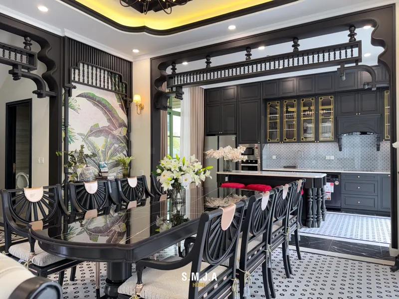 Thiết kế nội thất phòng ăn liền bếp phong cách Đông Dương Indochine sang trọng