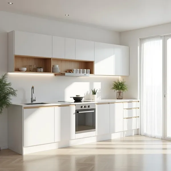 Mẫu tủ bếp chữ I màu trắng kết hợp vân gỗ hiện đại