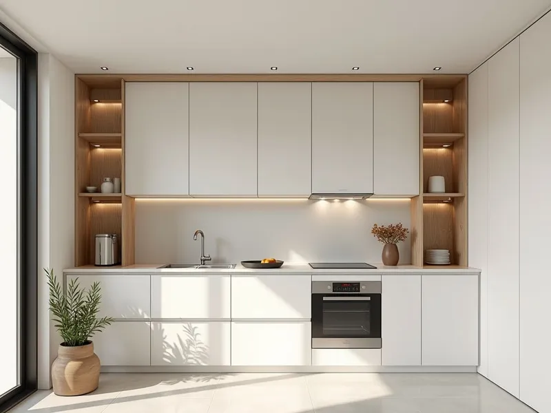 Mẫu tủ bếp chữ I màu trắng đối xứng hai bên kệ gỗ trang trí