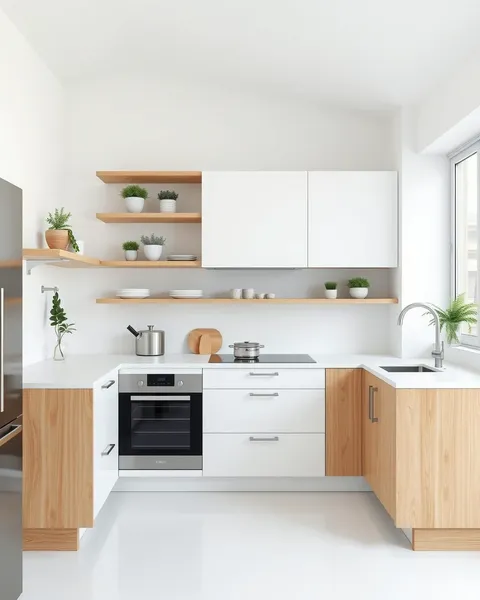 Mẫu tủ bếp chữ U nhỏ gọn kết hợp kệ mở hiện đại