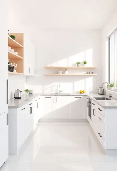 Mẫu tủ bếp chữ U màu trắng kết hợp kệ gỗ mở hiện đại