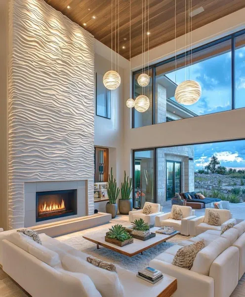 Mẫu phòng khách Luxury thông tầng với trần gỗ, vách 3D nghệ thuật, lò sưởi hiện đại và cửa kính cao sát trần, mang đến không gian sống sang trọng, đẳng cấp.
