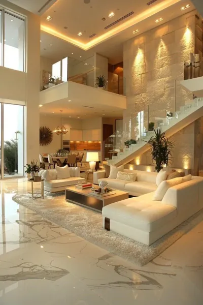Không gian phòng khách luxury hiện đại với sofa cao cấp, bàn trà mặt đá mạ vàng và hệ thống đèn thả trần