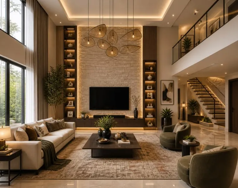 Phòng khách thông tầng luxury hiện đại với vách tivi đá tự nhiên, kệ trang trí âm tường và cụm đèn thả trần nghệ thuật.