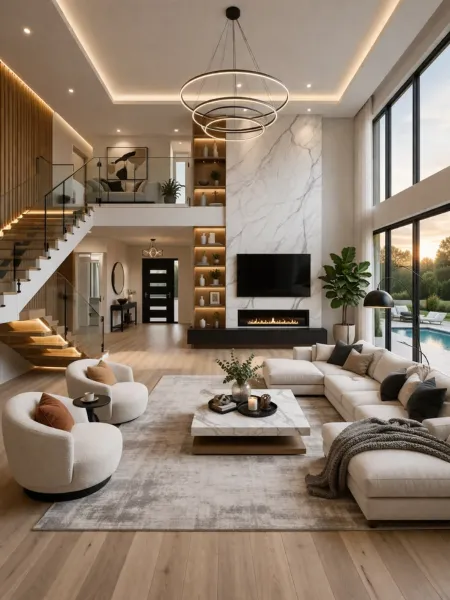Mẫu phòng khách phong cách Luxury với trần cao thông tầng, vách đá marble, cầu thang hiện đại và cửa kính lớn, mang đến không gian sống đẳng cấp và sang trọng.