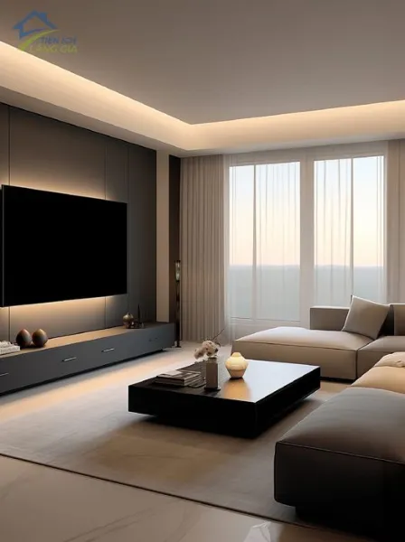Mẫu phòng khách hiện đại tối giản với tông màu xám trung tính, kệ TV âm tường, sofa chữ L và cửa kính lớn