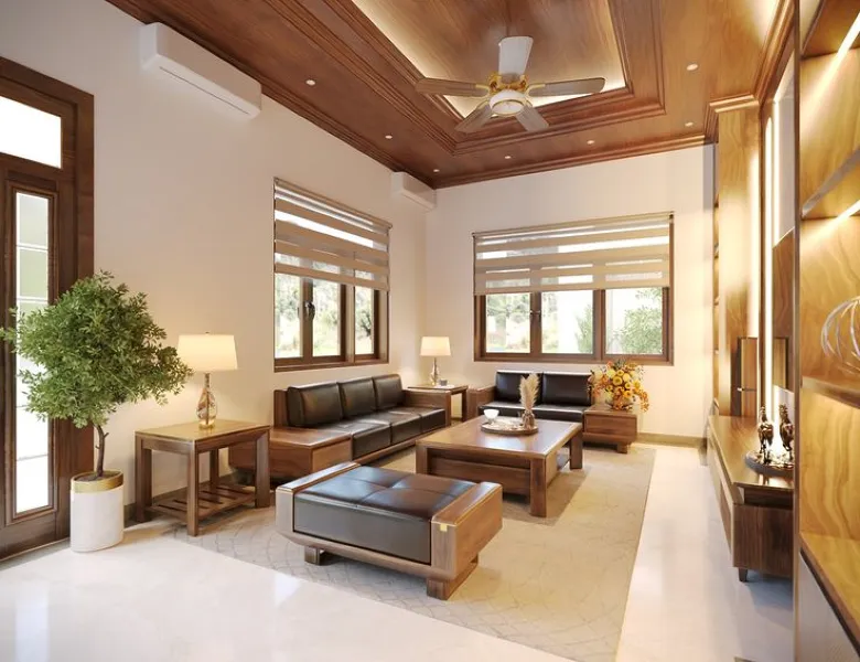 Không gian phòng khách nhà cấp 4 rộng rãi, hiện đại với bộ sofa da màu nâu sang trọng, bàn trà gỗ mặt kính, kệ tivi dài và cửa kính lớn nhìn ra sân vườn xanh mát.