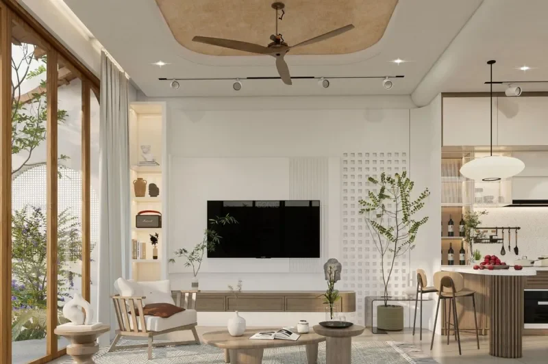 Không gian phòng khách nhà cấp 4 hiện đại với thiết kế mở kết hợp bàn đảo bếp, nổi bật với bàn trà gỗ mộc mạc, ghế bành thoải mái và cửa kính lớn đón ánh sáng tự nhiên.
