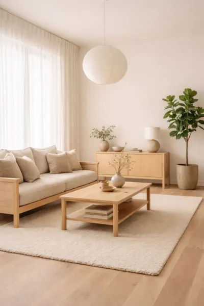 Mẫu phòng khách phong cách Japandi với nội thất gỗ sáng màu, sofa vải trung tính, bàn trà tối giản và cây xanh, mang đến không gian sống ấm cúng, tinh tế.