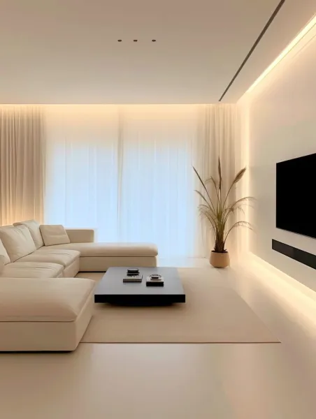 Mẫu phòng khách tối giản hiện đại với sofa chữ L màu kem, vách TV treo tường, đèn LED hắt sáng và cửa kính lớn. Không gian tinh tế, rộng rãi, phù hợp căn hộ và biệt thự.