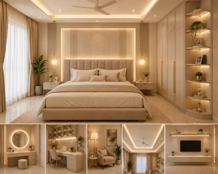 Mẫu phòng ngủ luxury hiện đại với không gian tổng thể sang trọng, tông màu kem ấm áp và hệ thống nội thất đồng bộ cao cấp.