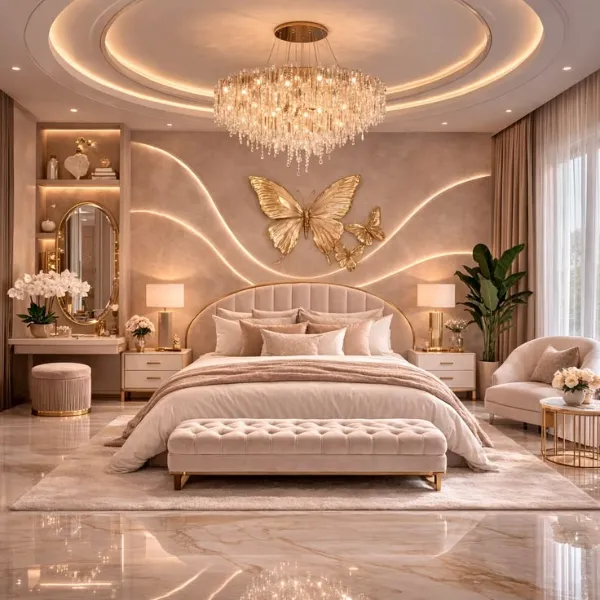 Mẫu phòng ngủ luxury cao cấp với điểm nhấn là họa tiết bướm vàng nghệ thuật và đèn chùm pha lê lộng lẫy.