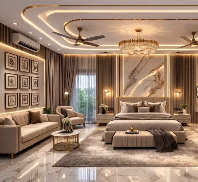 Mẫu phòng ngủ đẹp luxury rộng rãi tích hợp khu vực sofa tiếp khách, vách ốp đá marble và hệ trần giật cấp uốn lượn tinh tế.