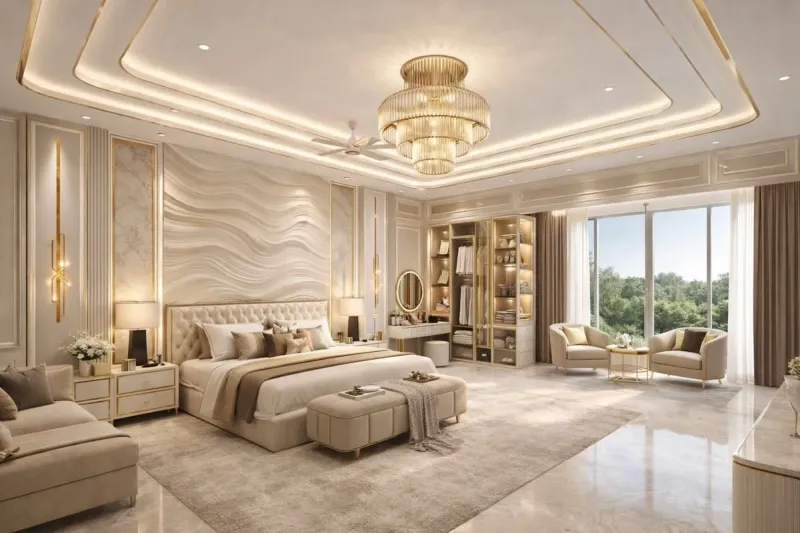 Mẫu phòng ngủ luxury cao cấp với vách đầu giường uốn lượn nghệ thuật, đèn chùm đa tầng lộng lẫy và hệ tủ quần áo kính hiện đại.