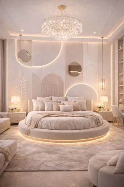 Mẫu phòng ngủ luxury độc đáo với chiếc giường tròn bọc nệm hiện đại và vách tường trang trí họa tiết hình học kết hợp đèn LED hắt sáng.