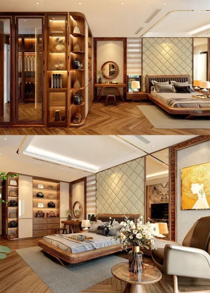 Mẫu phòng ngủ luxury cao cấp với nội thất gỗ óc chó tự nhiên, vách ốp da quả trám sang trọng và hệ tủ kính trưng bày rộng lớn.