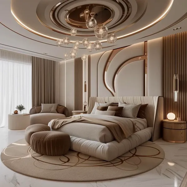 Mẫu phòng ngủ luxury đẳng cấp với hệ trần thạch cao giật cấp hình tròn uốn lượn độc đáo, đèn chùm thả nghệ thuật và vách đầu giường bọc nệm phối viền kim loại sang trọng.