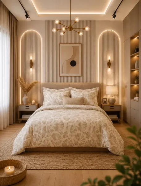 Mẫu phòng ngủ luxury sang trọng với vách ốp lam sóng đối xứng, hốc tường uốn cong tích hợp đèn LED và đèn chùm hiện đại.