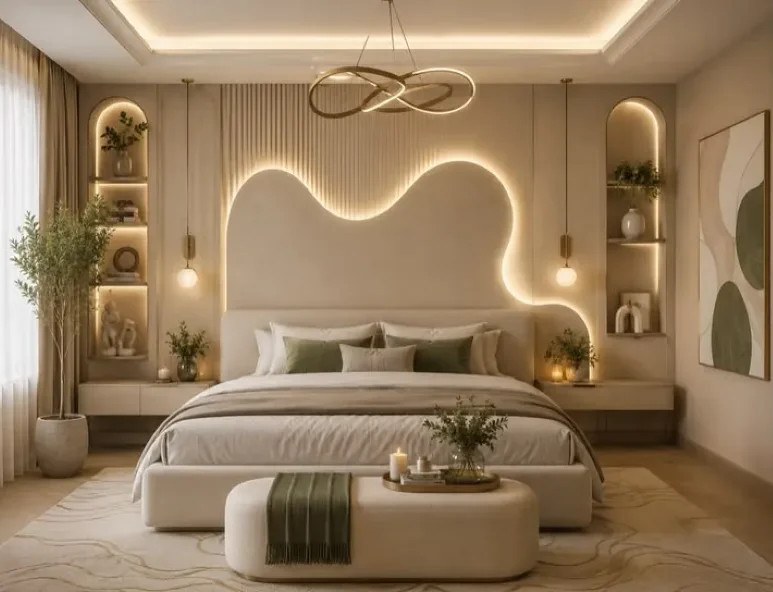 Mẫu phòng ngủ luxury cao cấp với vách đầu giường uốn lượn nghệ thuật kết hợp hốc tủ kệ âm tường đối xứng hai bên.