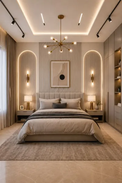 Mẫu phòng ngủ luxury sang trọng với vách ốp lam sóng đối xứng, hốc tường uốn cong tích hợp đèn LED và đèn chùm hiện đại.