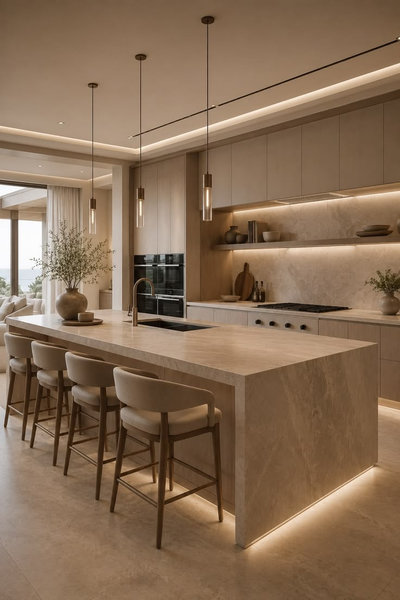 Mẫu phòng bếp sang trọng có đảo bếp lớn và ghế quầy bar