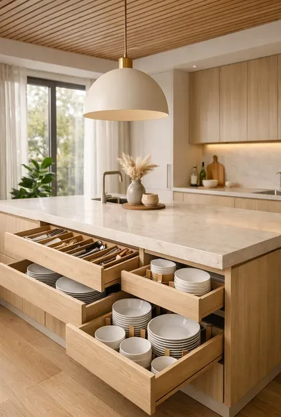 Mẫu đảo bếp gỗ thông minh tích hợp nhiều ngăn kéo đựng chén bát