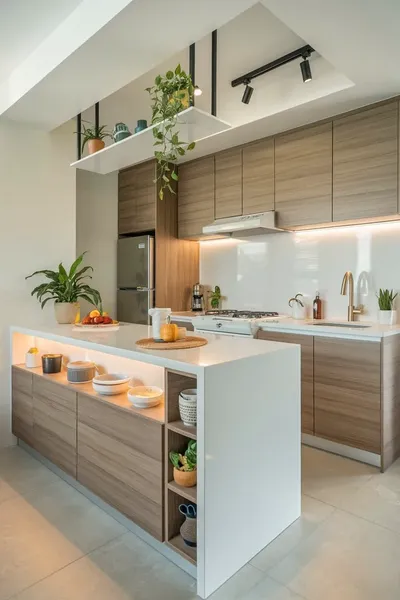 Mẫu phòng bếp hiện đại có đảo bếp kết hợp kệ trưng bày thông minh