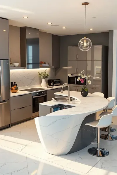 Mẫu phòng bếp hiện đại có đảo bếp uốn cong độc đáo và ghế quầy bar