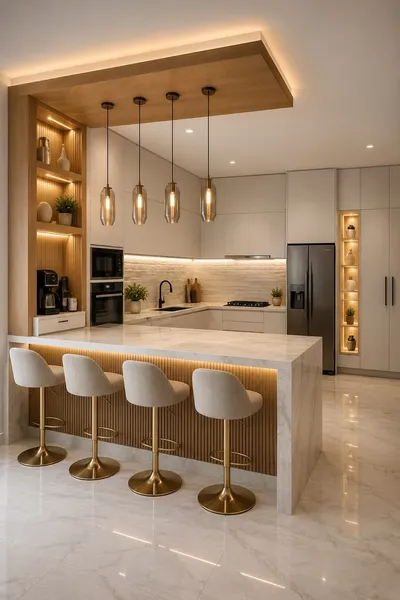Mẫu phòng bếp sang trọng có đảo bếp kết hợp quầy bar và đèn thả trần