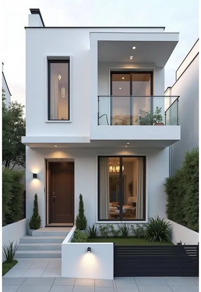 Mẫu nhà phố 2 tầng thiết kế hiện đại, tinh tế với gam màu trắng chủ đạo, ban công kính và hệ thống chiếu sáng thông minh.