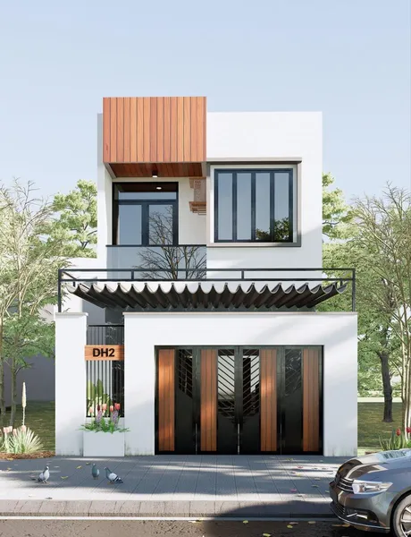 Mẫu nhà phố 2 tầng đơn giản, hiện đại với thiết kế mặt tiền kết hợp gỗ và kim loại, tạo điểm nhấn độc đáo và sang trọng.