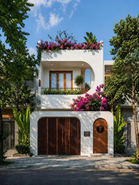 Thiết kế nhà phố 2 tầng hiện đại, sang trọng với tông màu trắng tinh tế và không gian để xe tiện lợi.