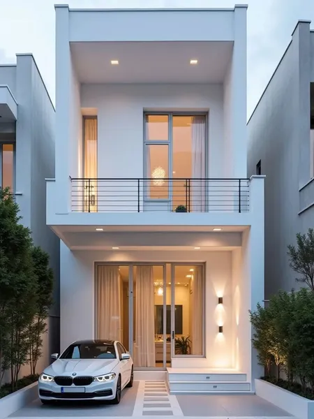 Thiết kế nhà phố 2 tầng hiện đại, sang trọng với tông màu trắng tinh tế và không gian để xe tiện lợi.