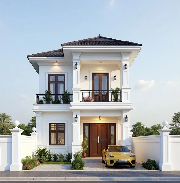 Thiết kế nhà 2 tầng mái Nhật hiện đại, sang trọng với hệ cột trụ vững chãi và tông màu trắng thanh lịch.