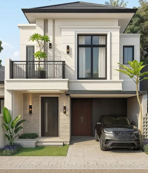 Thiết kế nhà 2 tầng mái Nhật hiện đại, sang trọng với gara ô tô và ban công thoáng đãng.
