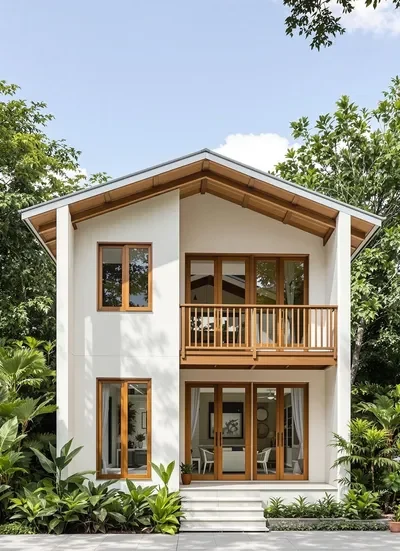 Mẫu nhà vườn 2 tầng mái Thái hiện đại, kết hợp hài hòa giữa kiến trúc và cảnh quan cây xanh nhiệt đới.