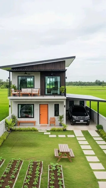 Mẫu thiết kế nhà 2 tầng hiện đại ở nông thôn, kết hợp kiến trúc mái lệch và vật liệu gỗ, nằm giữa cánh đồng lúa xanh mát.