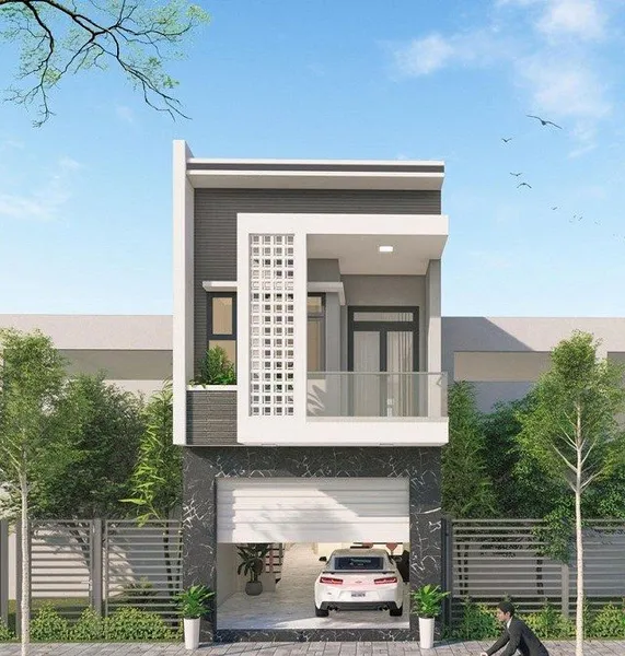 Mẫu thiết kế nhà ống 2 tầng hiện đại ở nông thôn với tầng trệt gara ô tô, ban công và gạch thông gió.