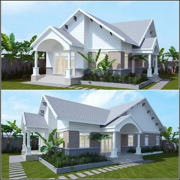 Hai góc phối cảnh ngoại thất nhà cấp 4 mái chữ A tông màu trắng xám kết hợp sân vườn và hàng chuối cảnh