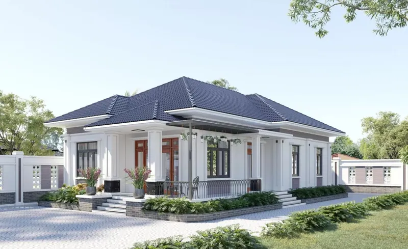 Mặt tiền mẫu nhà vườn cấp 4 mái Nhật xám trắng hiện đại