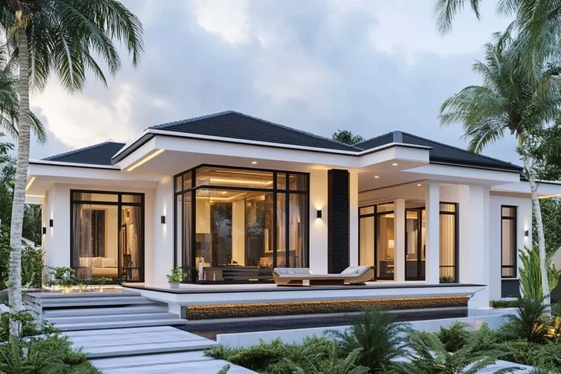 Phối cảnh mặt tiền biệt thự vườn cấp 4 mái Nhật hiện đại có vách kính lớn kịch trần sang trọng và sân vườn nhiều cây xanh