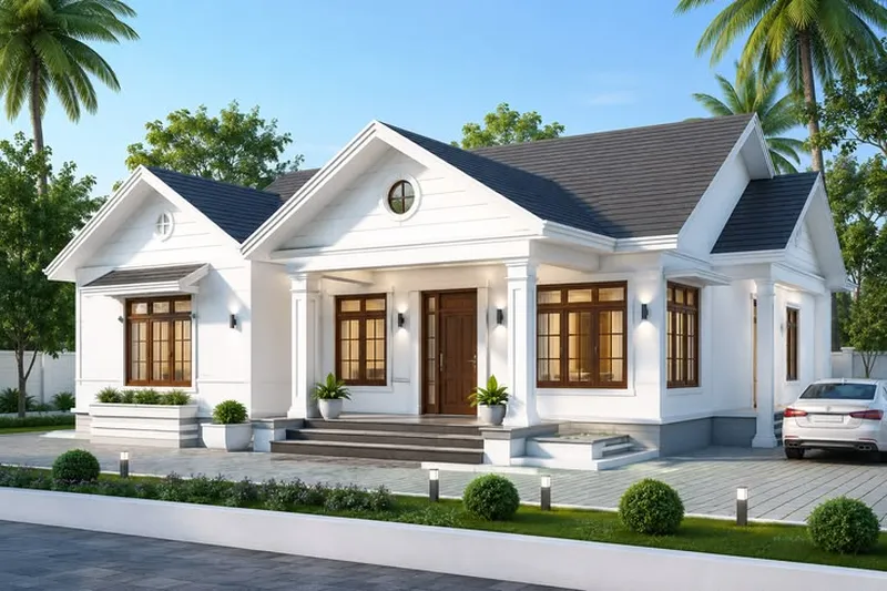 Phối cảnh mặt tiền góc nghiêng nhà cấp 4 mái Thái màu xám đen với sơn ngoại thất màu trắng chủ đạo và hệ cửa gỗ kính sang trọng