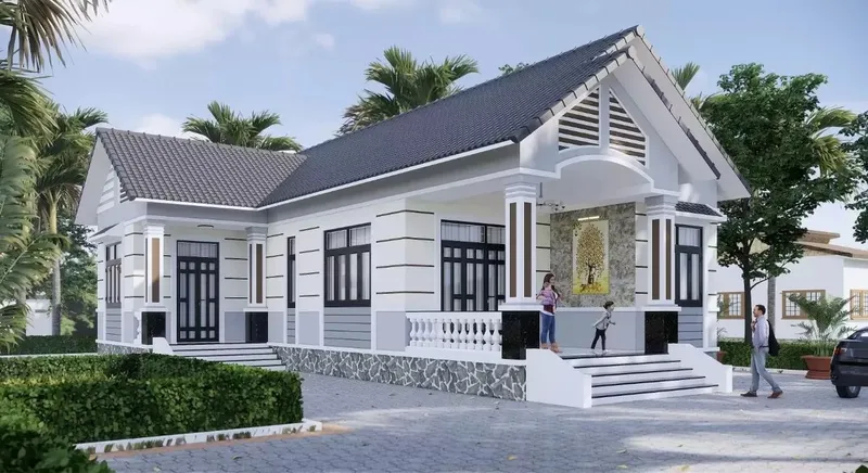 Phối cảnh mặt tiền góc nghiêng nhà cấp 4 chữ L mái Thái màu ghi xám kết hợp sơn tường trắng kẻ chỉ và phần chân tường ốp đá