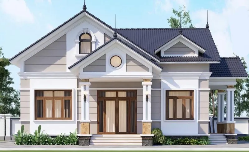 Thiết kế mặt tiền nhà cấp 4 mái Thái 4 phòng ngủ sang trọng với tông màu trắng xám chủ đạo