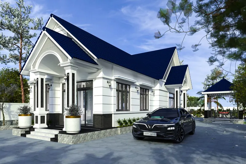 Phối cảnh góc nghiêng nhà cấp 4 sân vườn mái Thái màu xanh kết hợp sơn tường trắng và xe ô tô đỗ bên hông nhà