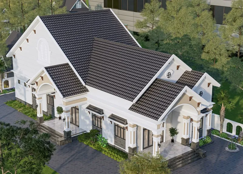 Phối cảnh từ trên cao mẫu nhà cấp 4 tân cổ điển mái Thái màu đen kết hợp sơn tường trắng và sảnh đón vòm cong tinh tế