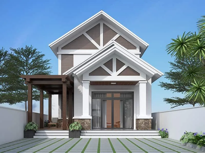 Mẫu nhà cấp 4 có gác lửng mái Thái hiện đại màu trắng phối lam gỗ trang trí màu nâu, mặt tiền có sảnh hiên rộng kèm chòi nghỉ gỗ bên hông.